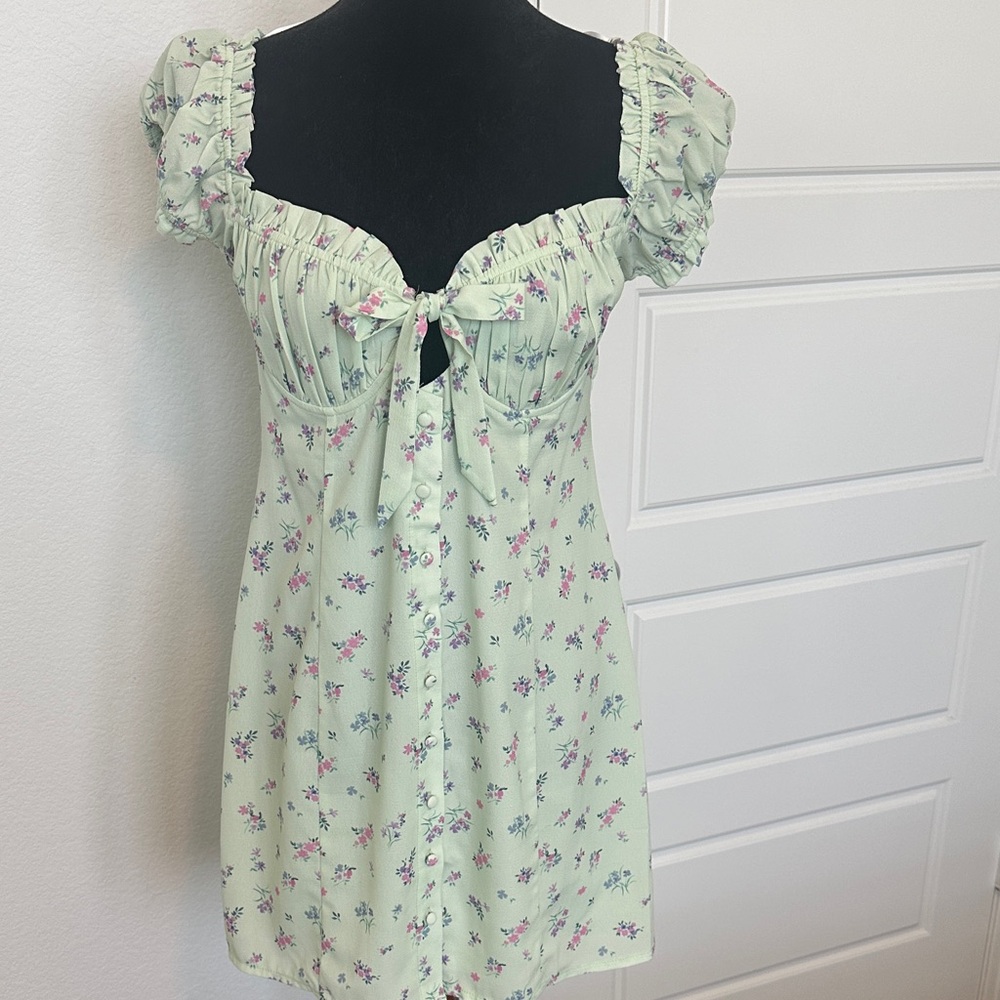 Princess Polly Mint Green Floral Puff Sleeve Mini Dress